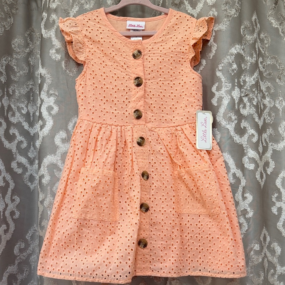 Little Lass Peach Eyelet Button-Down Dress Size 6